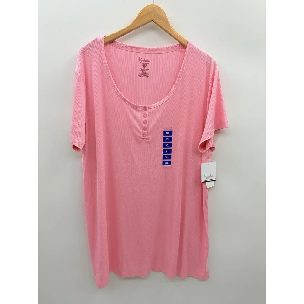 Roudelain Womens XL Short Sleeve Ribbed Henley Sleep Shirt in Orchid Pink 2432